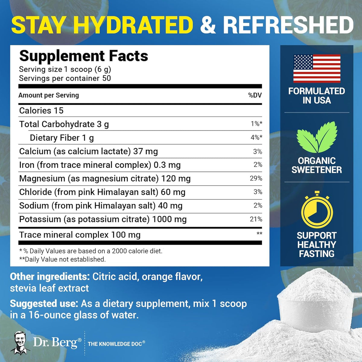 Zero sugar hydration drink mix supplement nutrition facts label showing potassium content.