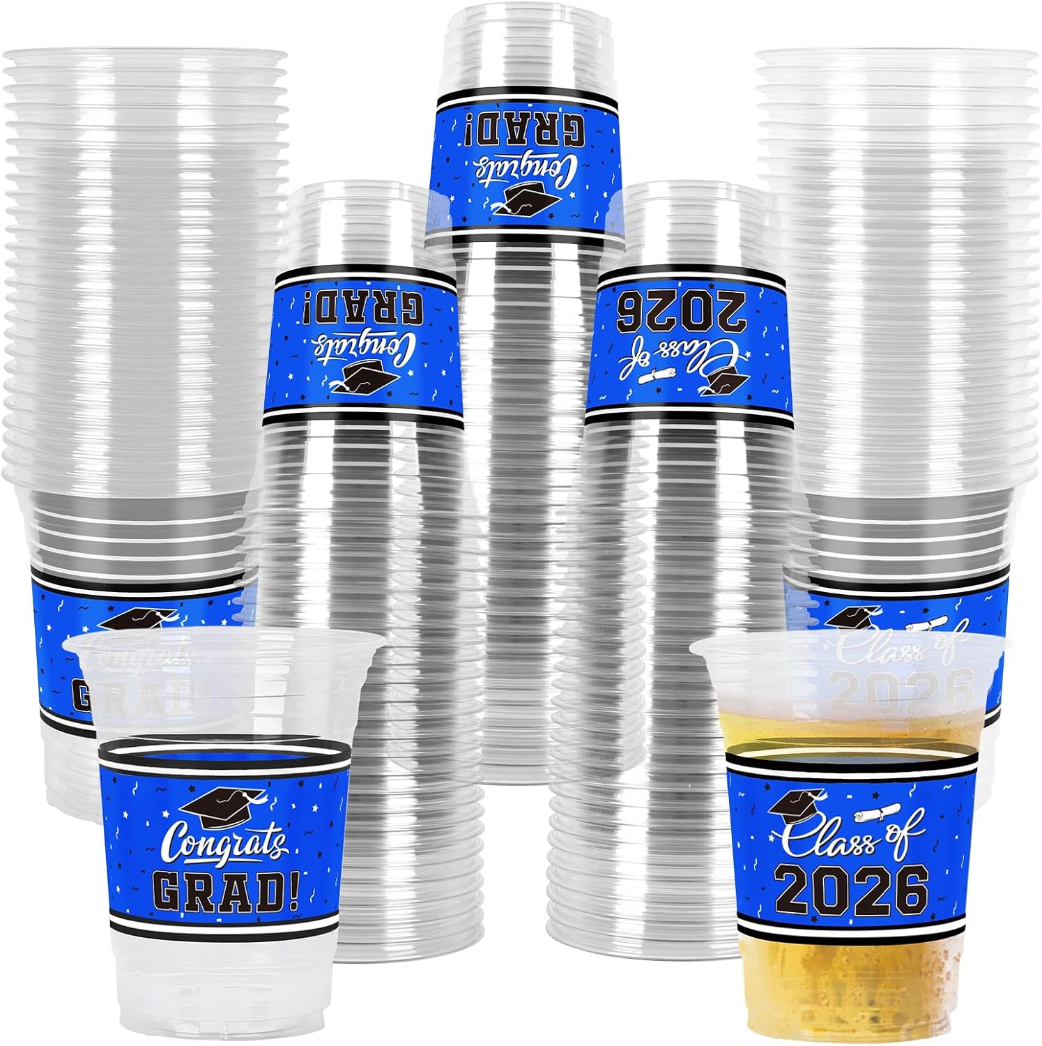 Gatherfun graduation party cups blue front view