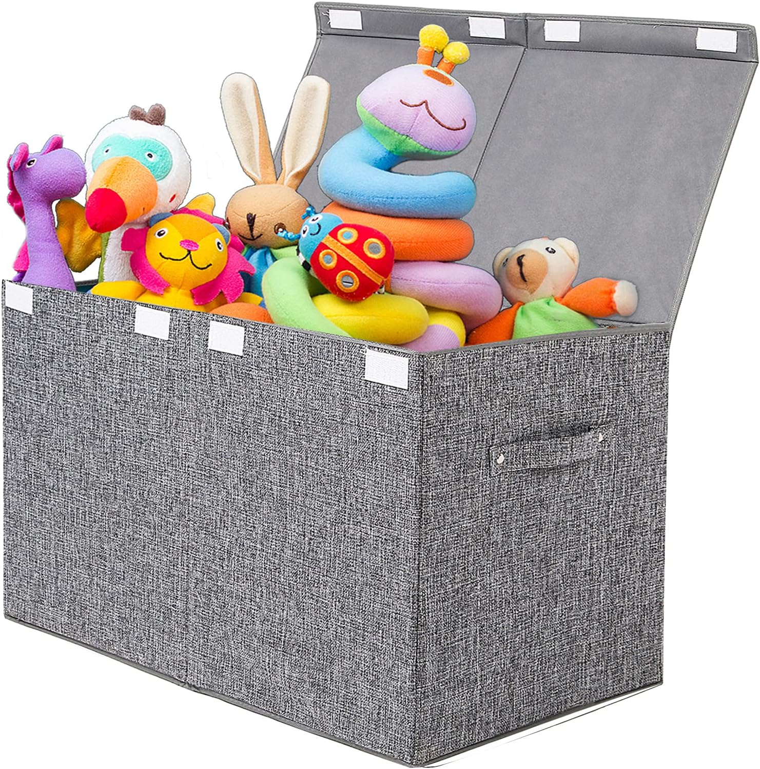 Popoly large toy box storage front view showcasing linen gray fabric finish