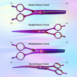 Metal dog grooming comb next to professional purple stainless steel shears