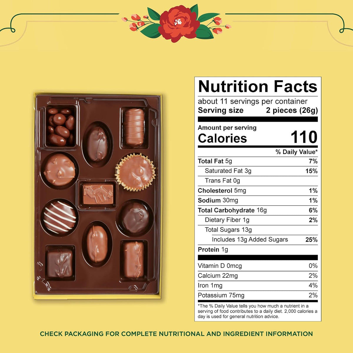 Open Whitman's Sampler gift box displaying the 22-piece assortment of milk and dark chocolates.