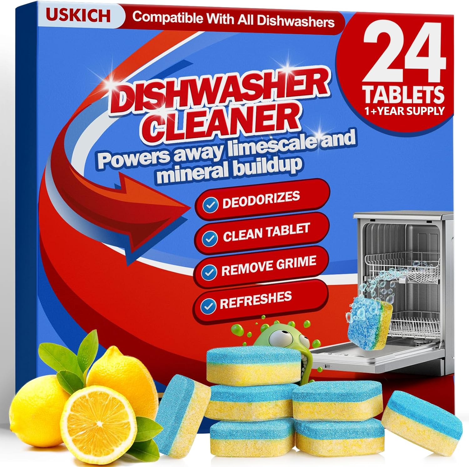 USKICH Dishwasher Cleaner And Deodorizer Tablets twenty-four pack front view packaging showing lemon scent identifier.