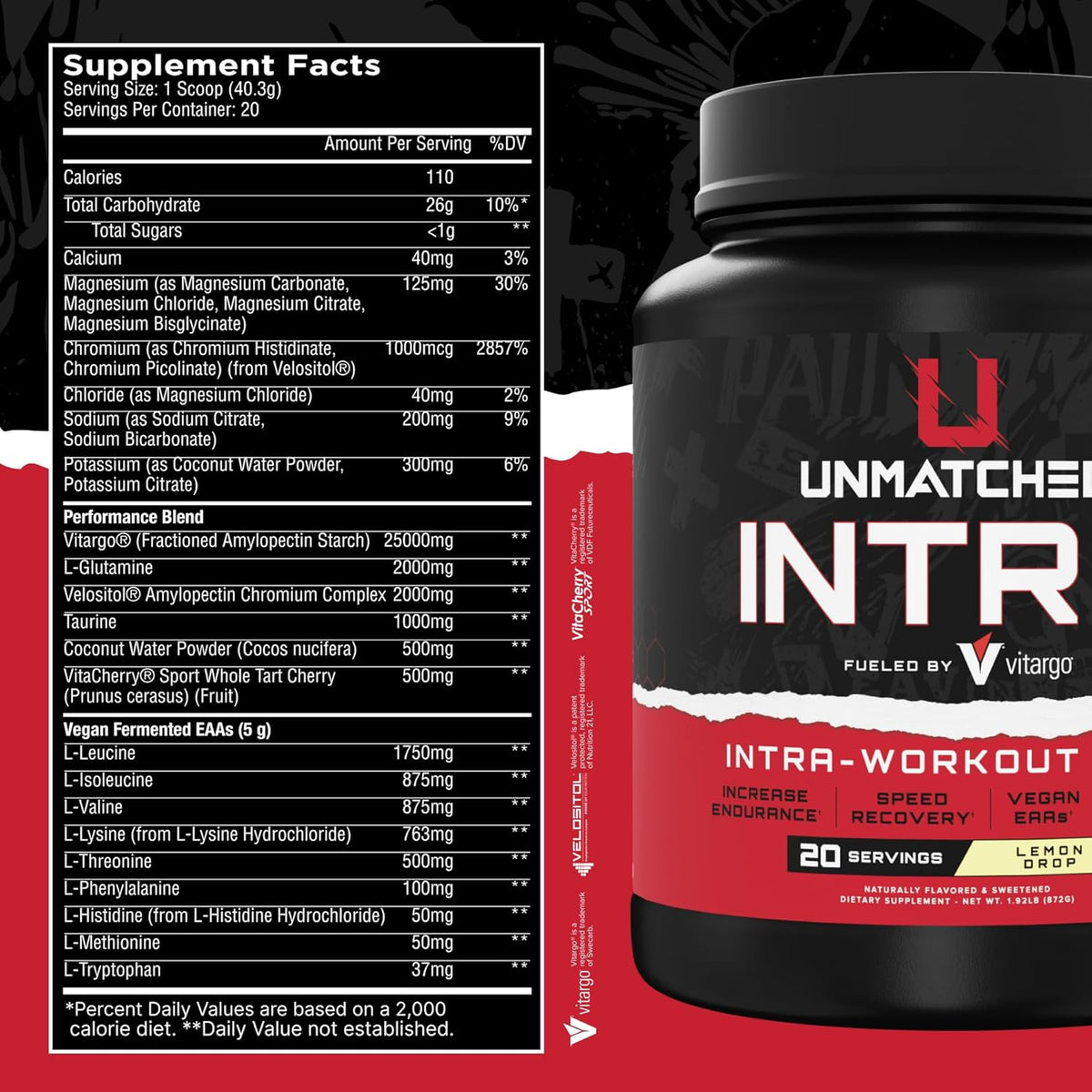 Unmatched Intra Workout Powder | Carbohydrate, Electrolyte, L-Glutamine, & Vegan EAA Mix | for Hydration & Endurance | Natural Flavors & Sweeteners | 20 Servings (Lemon Drop) - Image 2