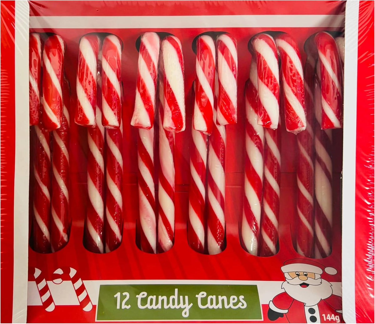 Sarah's Candy Factory twenty four piece candy cane pack layout on a holiday background.