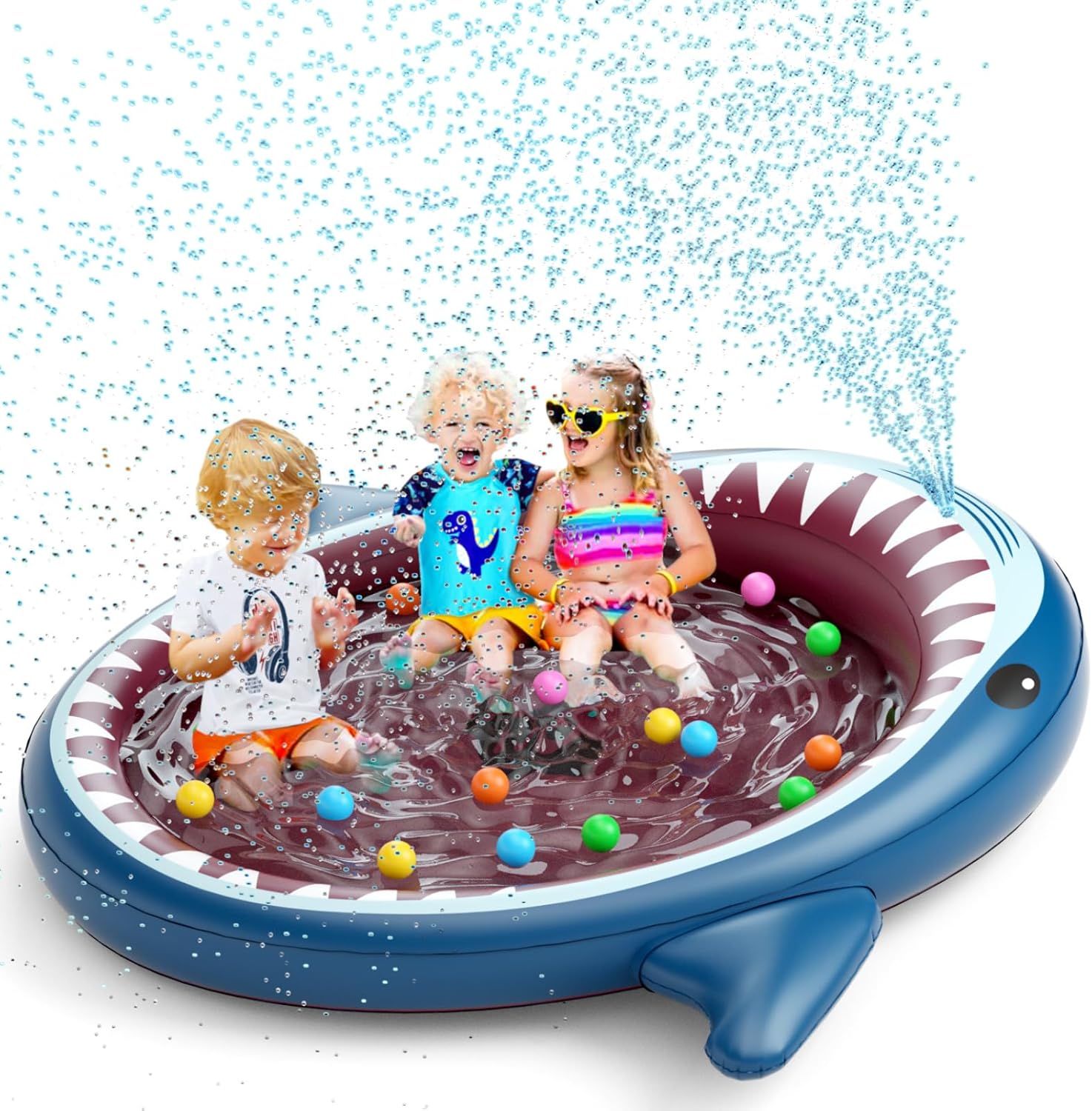 Jasonwell Inflatable Kiddie Pool Sprinkler front view showing the 71 inch shark theme design in an outdoor backyard setting.