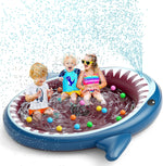 Jasonwell Inflatable Kiddie Pool Sprinkler front view showing the 71 inch shark theme design in an outdoor backyard setting.