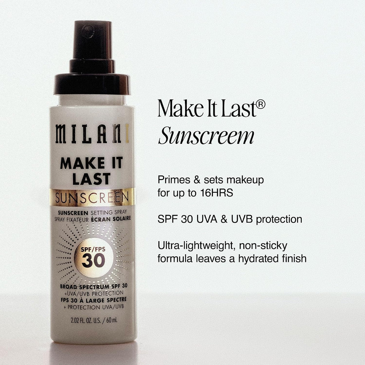 Milani prime set protect sunscreen mist packaging details