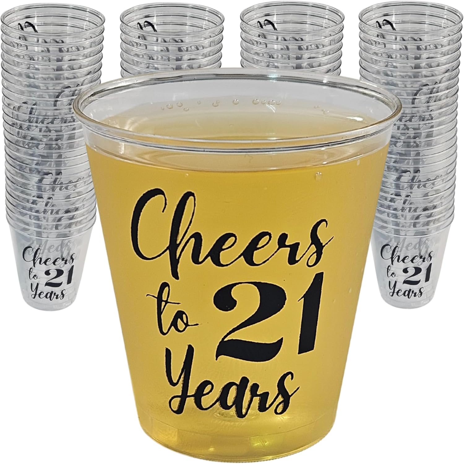 Cloverjoyed 21st Birthday Plastic Shot Glasses front view 100 pack party supplies