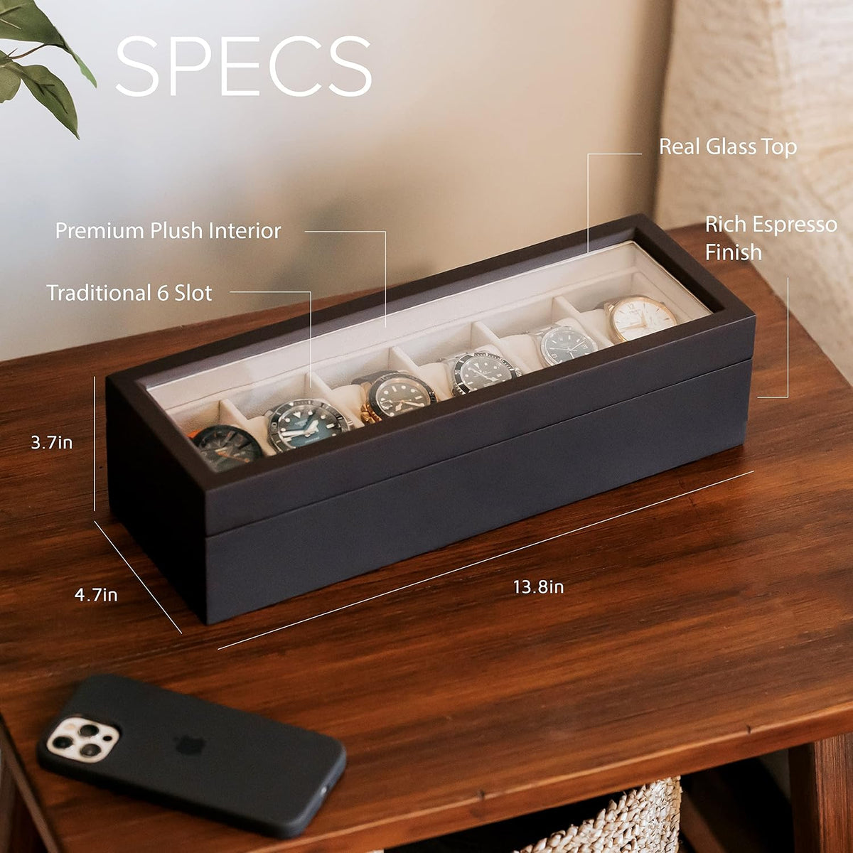 Case Elegance wooden watch display box glass lid angle