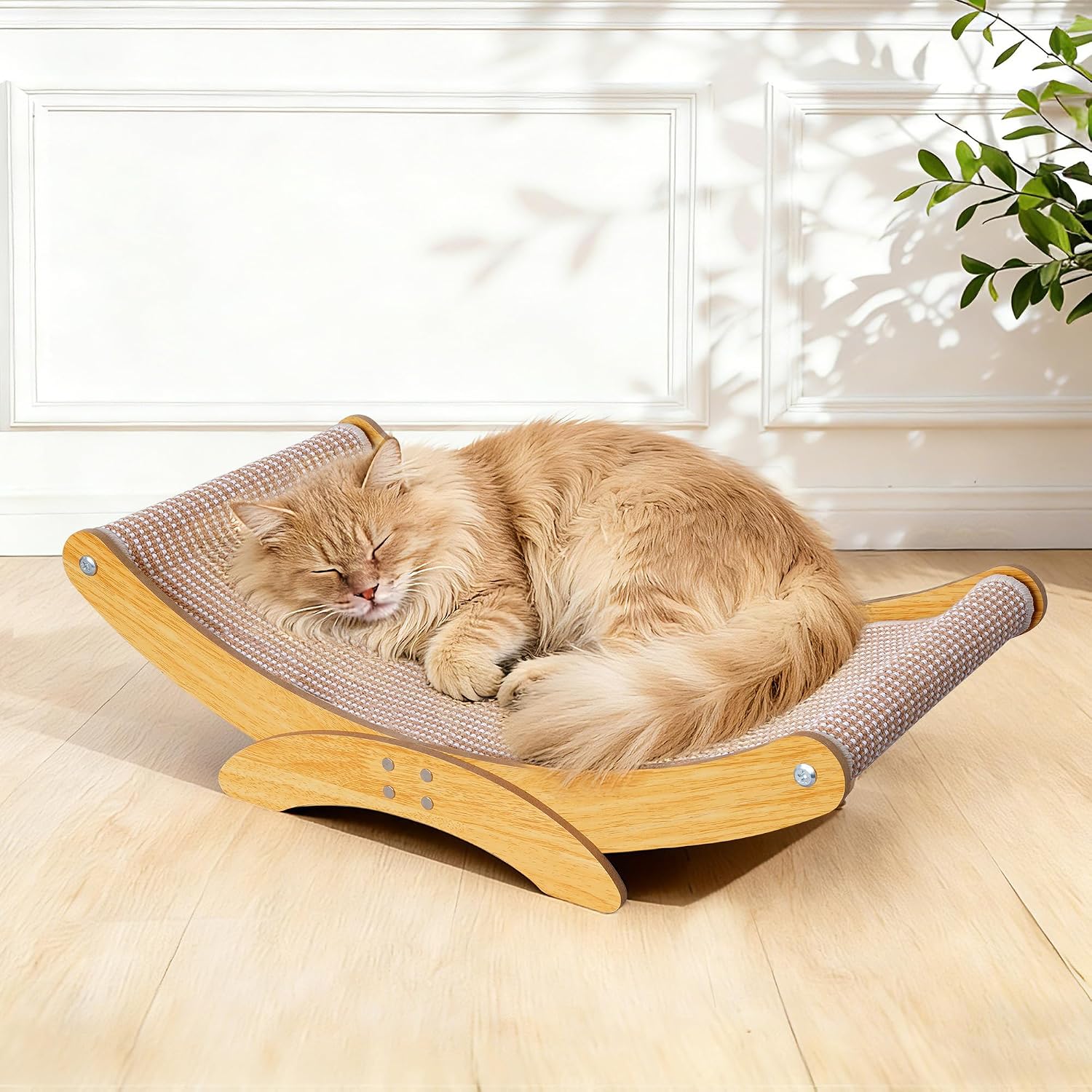 AROPEME cat scratcher bed front view featuring the curved natural sisal scratching surface and solid wood frame.