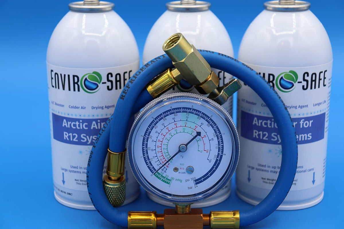 Generic Enviro Safe Arctic Air For R12 kit showing front view of three cans and brass charging gauge