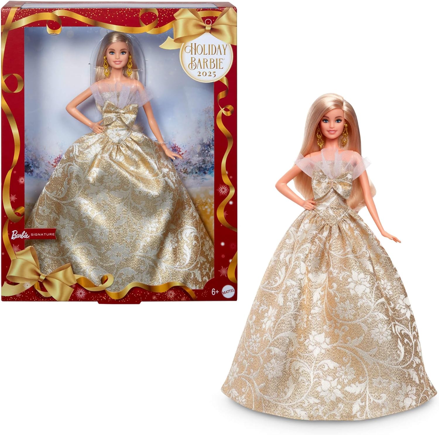 Barbie Signature 2025 Holiday Blonde Fashion Doll front view in silver and gold gown.