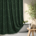 Siiluminisoy dark green boho shower curtain front view hanging in modern farmhouse bathroom