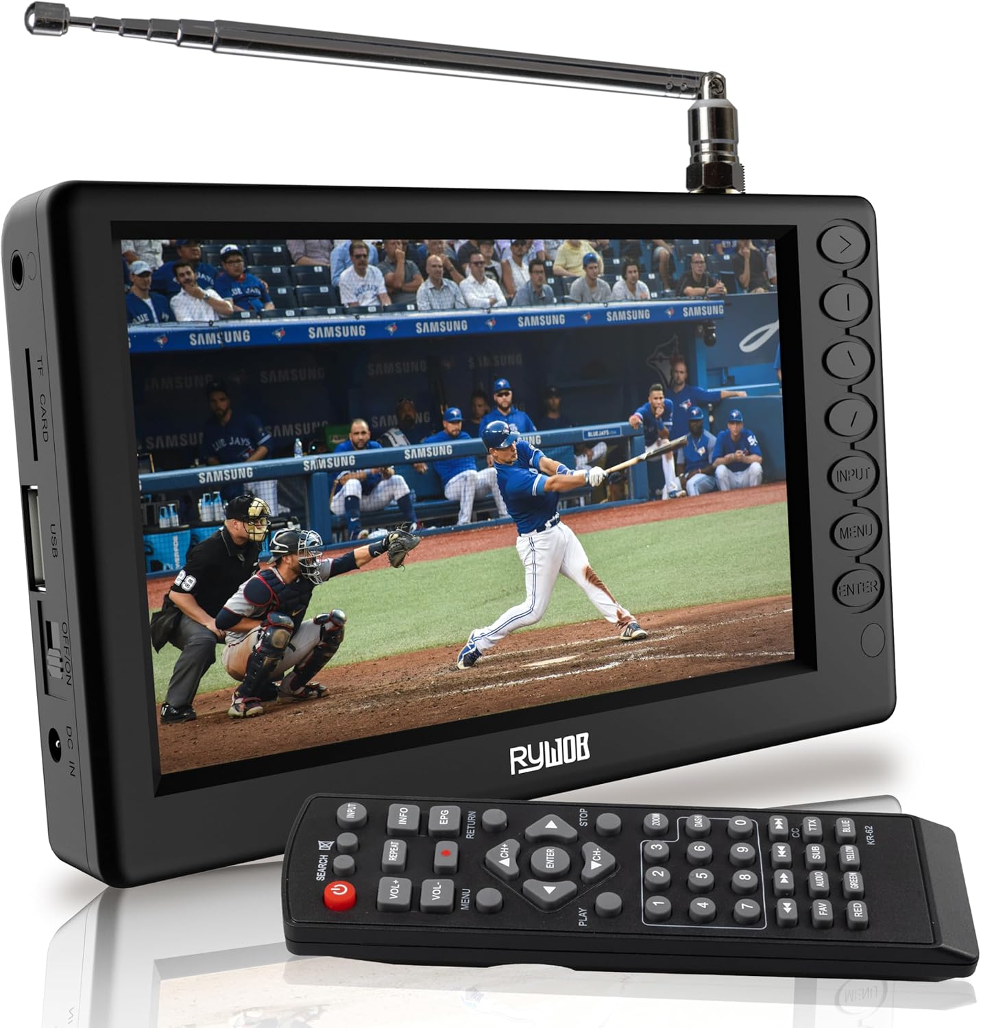 Rywob 5 inch portable pocket digital television front view displaying crisp screen on stand