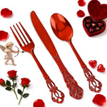 Joyido 150 pieces red plastic silverware set front view showcasing baroque vintage handle design