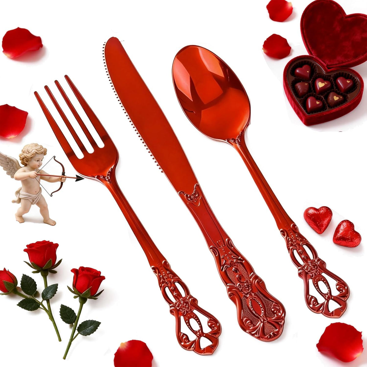 Joyido 150 pieces red plastic silverware set front view showcasing baroque vintage handle design