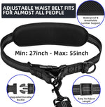 Multifunctional dual layer storage pouch attached to the waist belt containing a phone and dog treats.