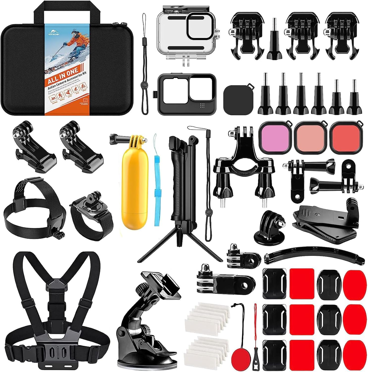 HONGDAK Action Camera Accessories Kit front view showing the comprehensive sixty-three piece bundle set.