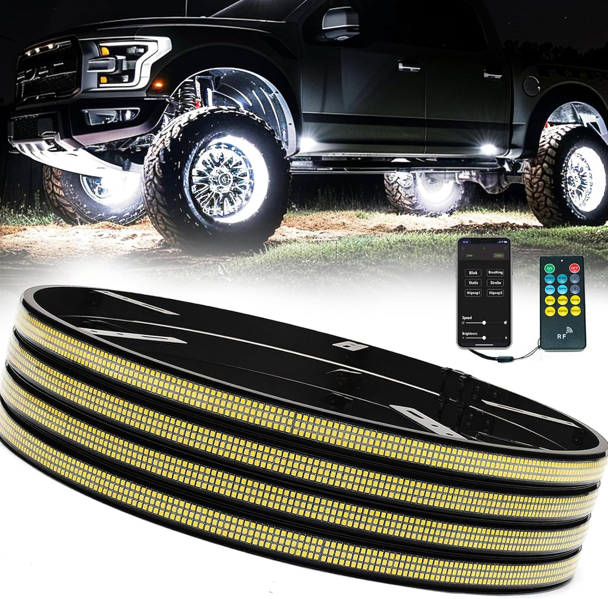 NBWDY triple row pure white wheel lights premium kit front view showcasing four seventeen inch rings