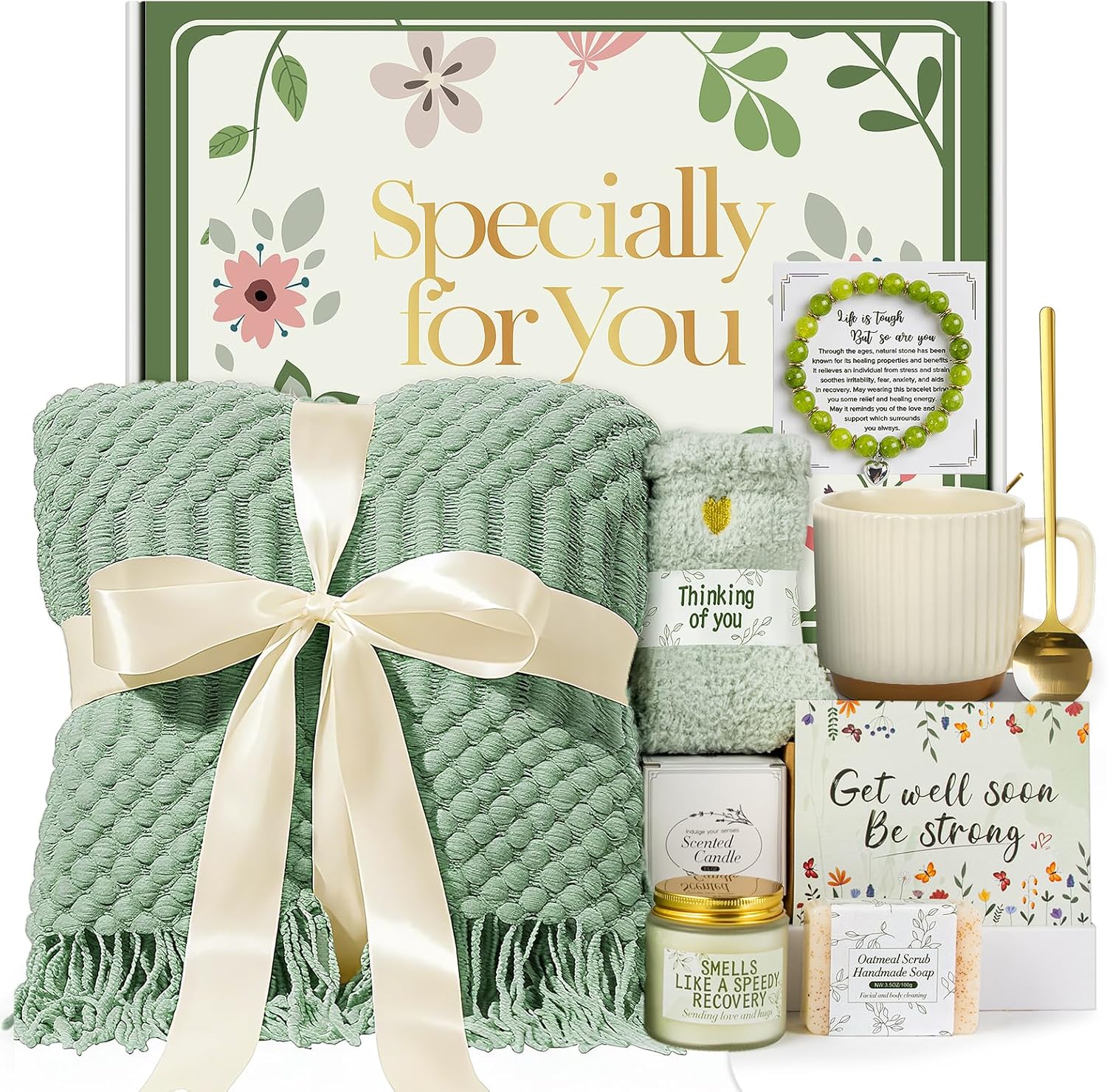 Fyroax Get Well Soon Gift Basket for Women front view of open green box with premium comfort products