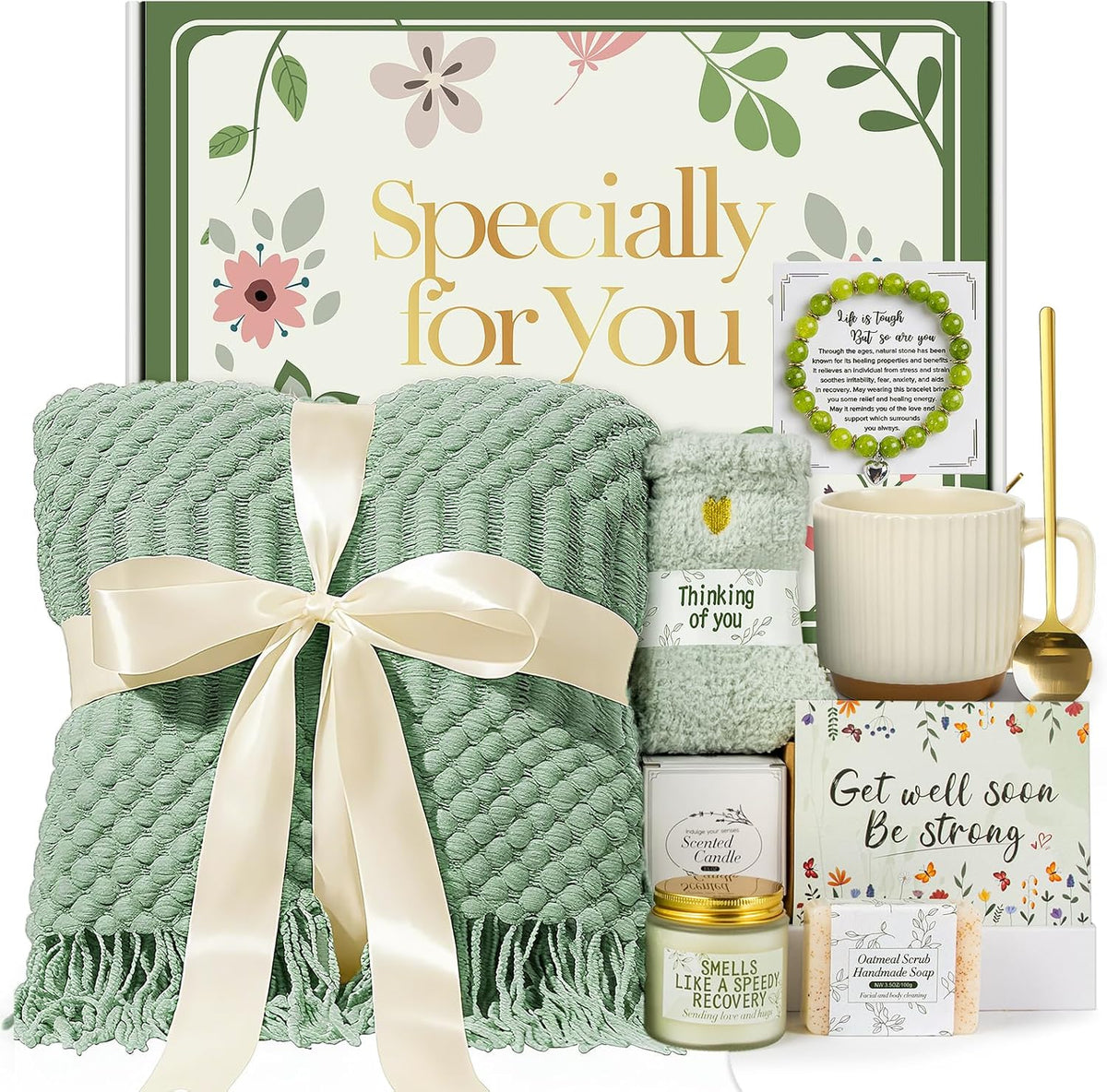 Fyroax Get Well Soon Gift Basket for Women front view of open green box with premium comfort products