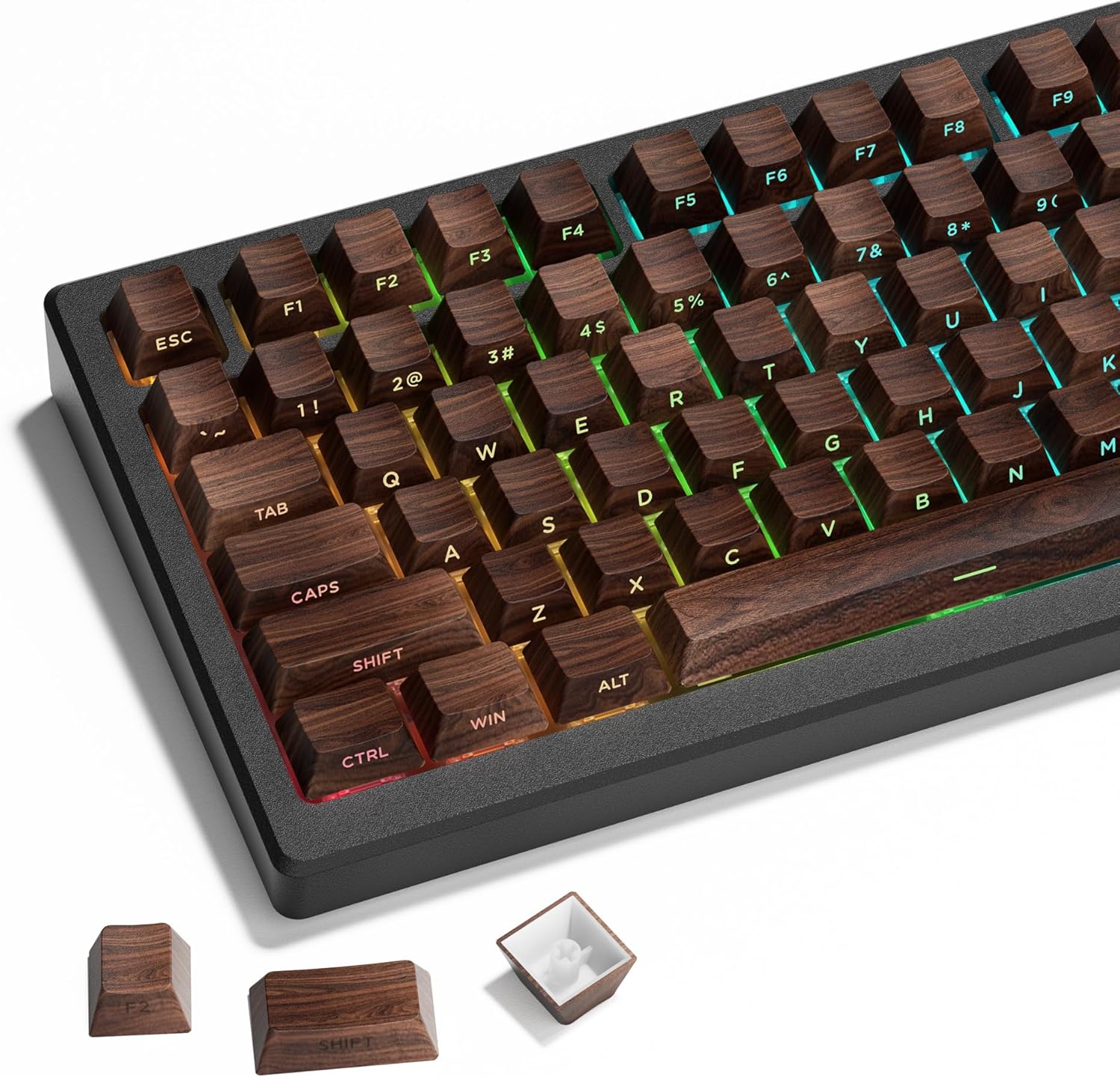 HITIME XVX PBT Walnut Texture Keycaps front view installed on a minimalist custom mechanical keyboard showcasing the wood grain finish.