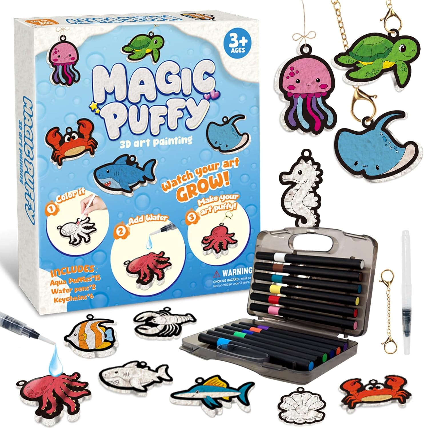 Artnedu magic puffy paint kit front view with ocean animal designs