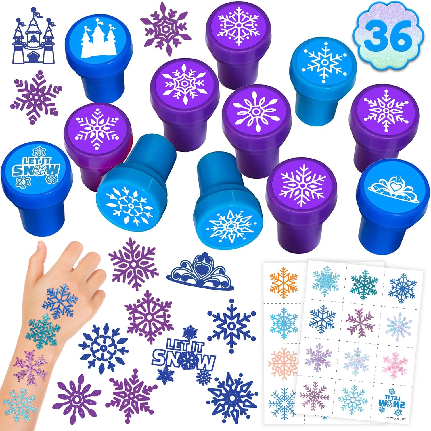 INKSOMOBA snowflake party favors front view with packaging for kids winter birthday supplies