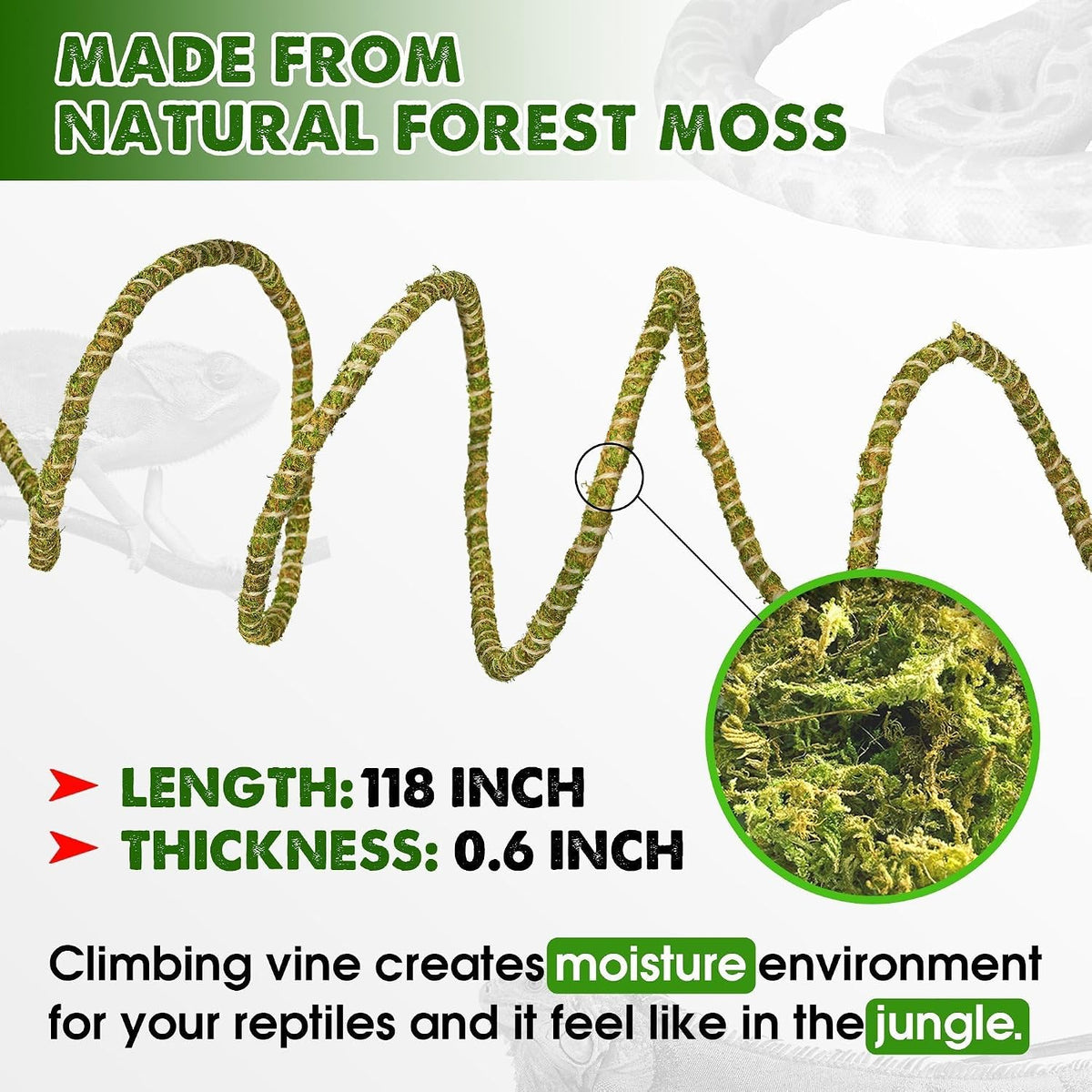 Close up view of natural moss coating on Duspro flexible climbing vine