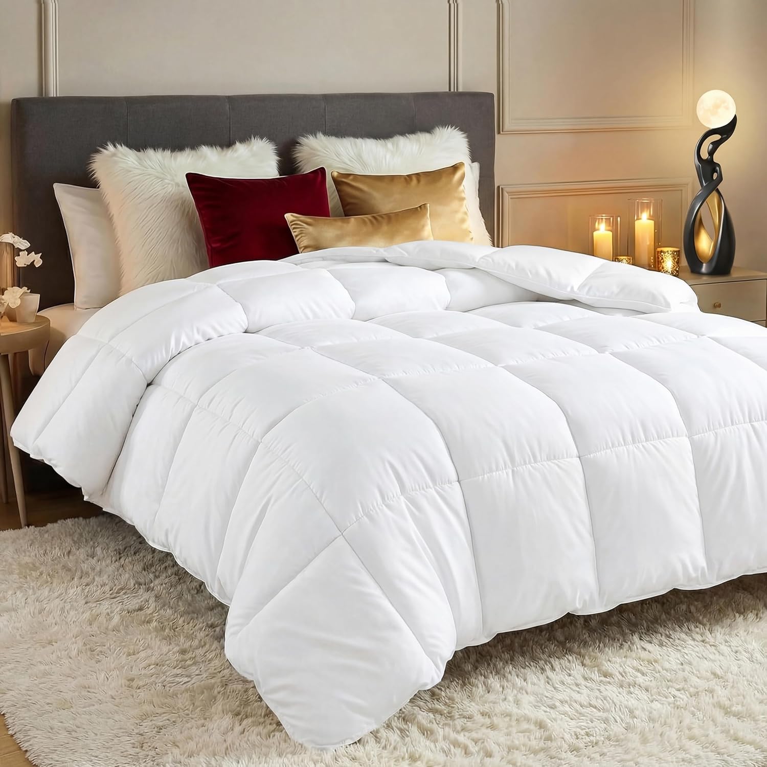 Utopia Bedding Down Alternative Comforter White Queen size laid out flat on a modern bed showing its plush box-stitch quilting.