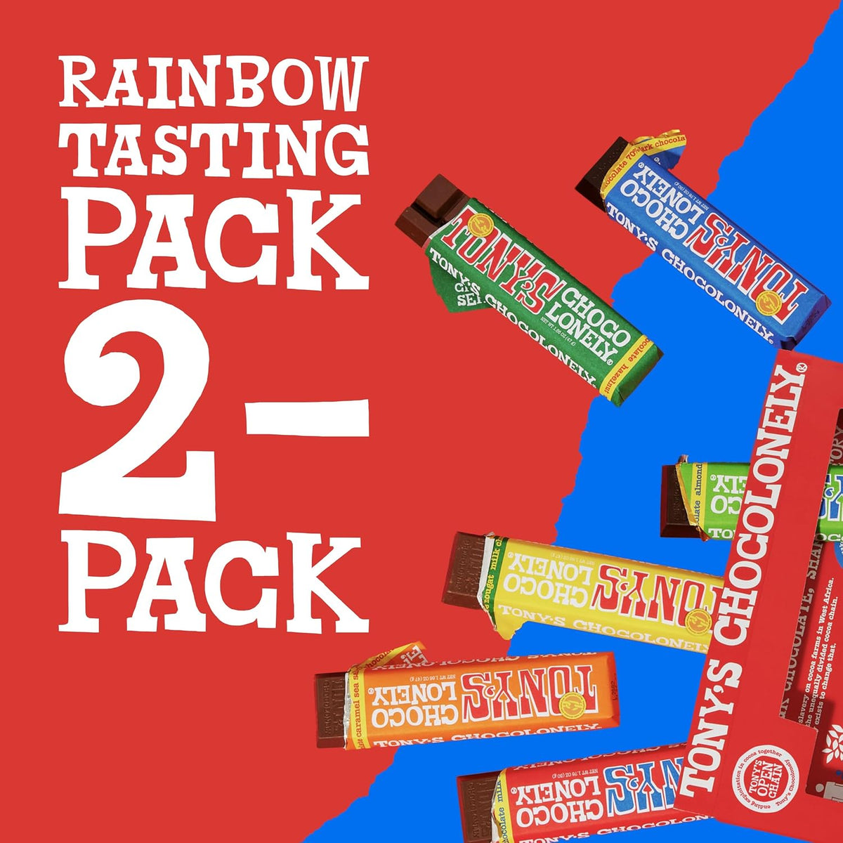 Tony's Chocolonely premium chocolate gift box showcasing the multi flavor selections.