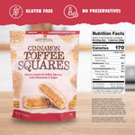 Individually wrapped gourmet cinnamon toffee candy pieces scattered next to the resealable pouch.