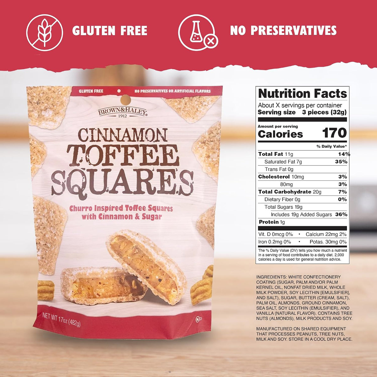Individually wrapped gourmet cinnamon toffee candy pieces scattered next to the resealable pouch.