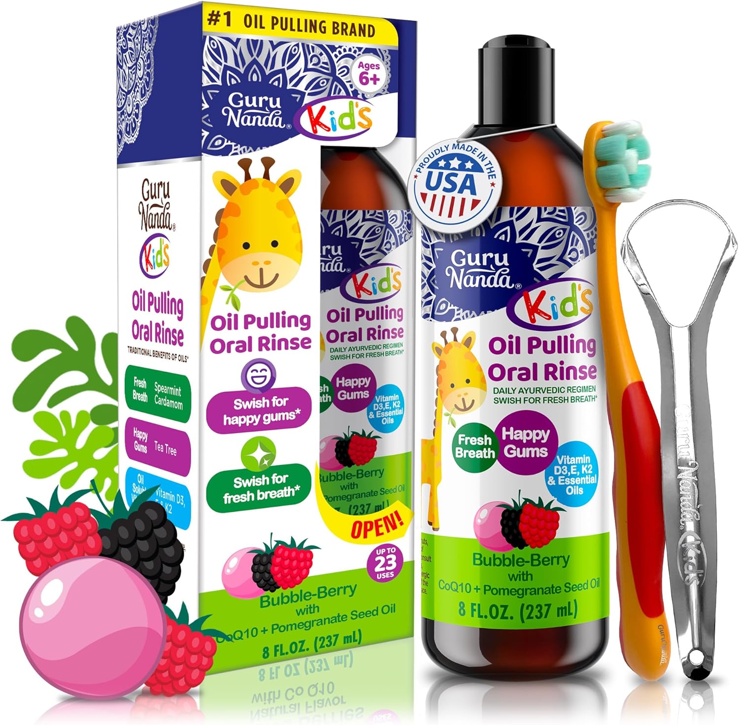 GuruNanda Kids Oil Pulling Mouthwash Bubble Berry front view authentic USA imported oral care
