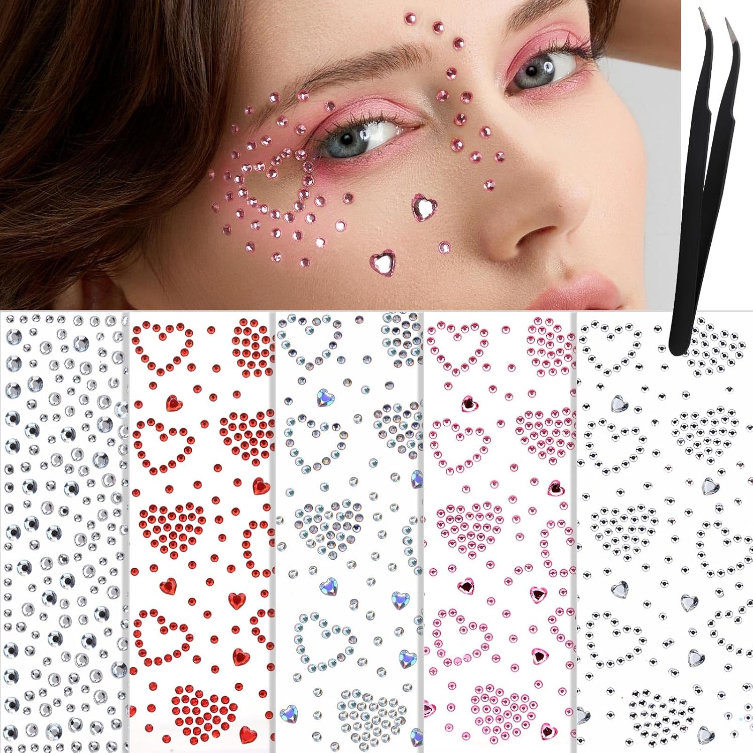 YGDZ Face Gems 5 Sheets Hair Gems, Self Adhesive Face Jewels Stickers, Heart Festival Face Gems Stick on, Rhinestone stickers for Face, Eye, Makeup, Rave Accessories for Kids, Women - Image 1