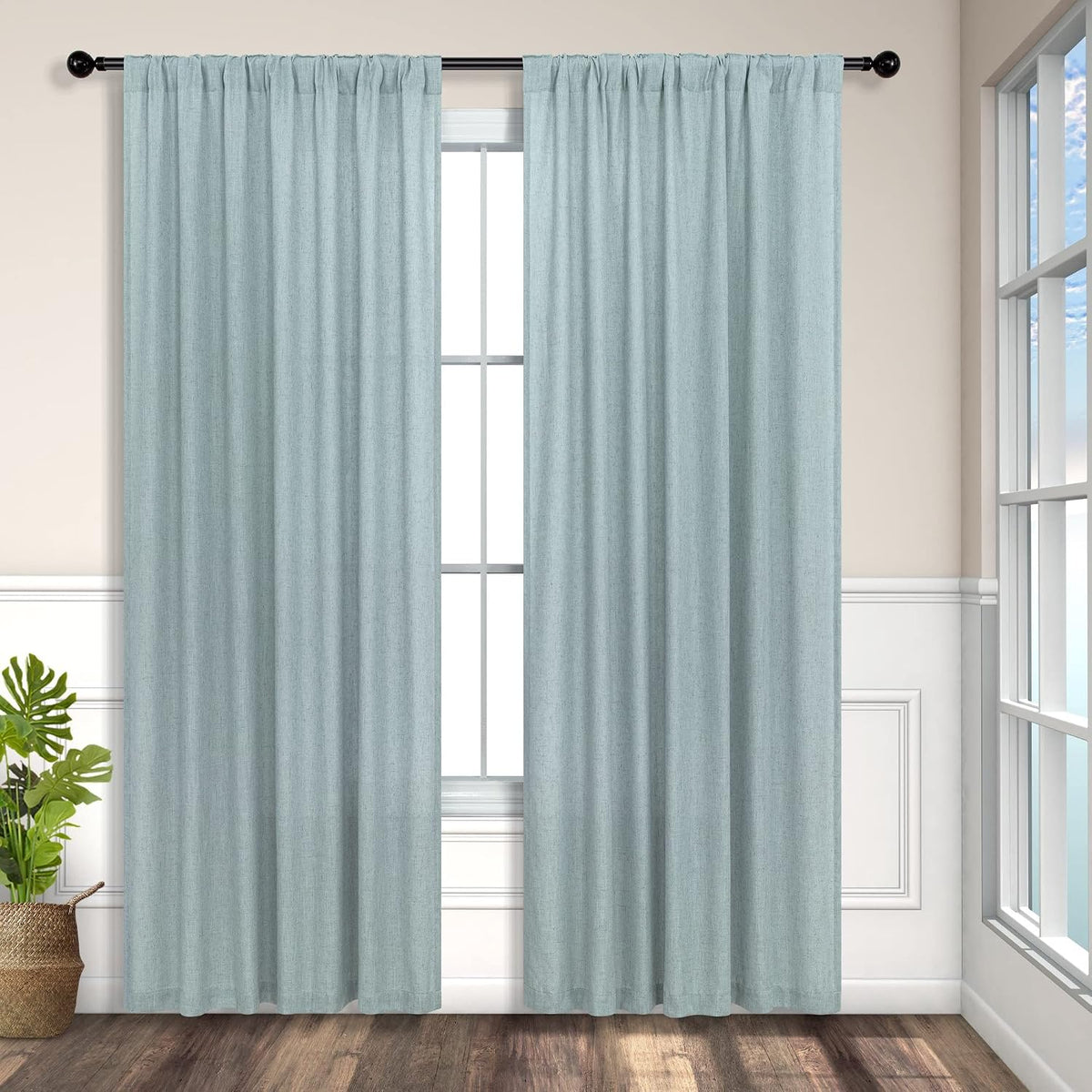 Pitalk seafoam green curtains styled in a modern rustic living space