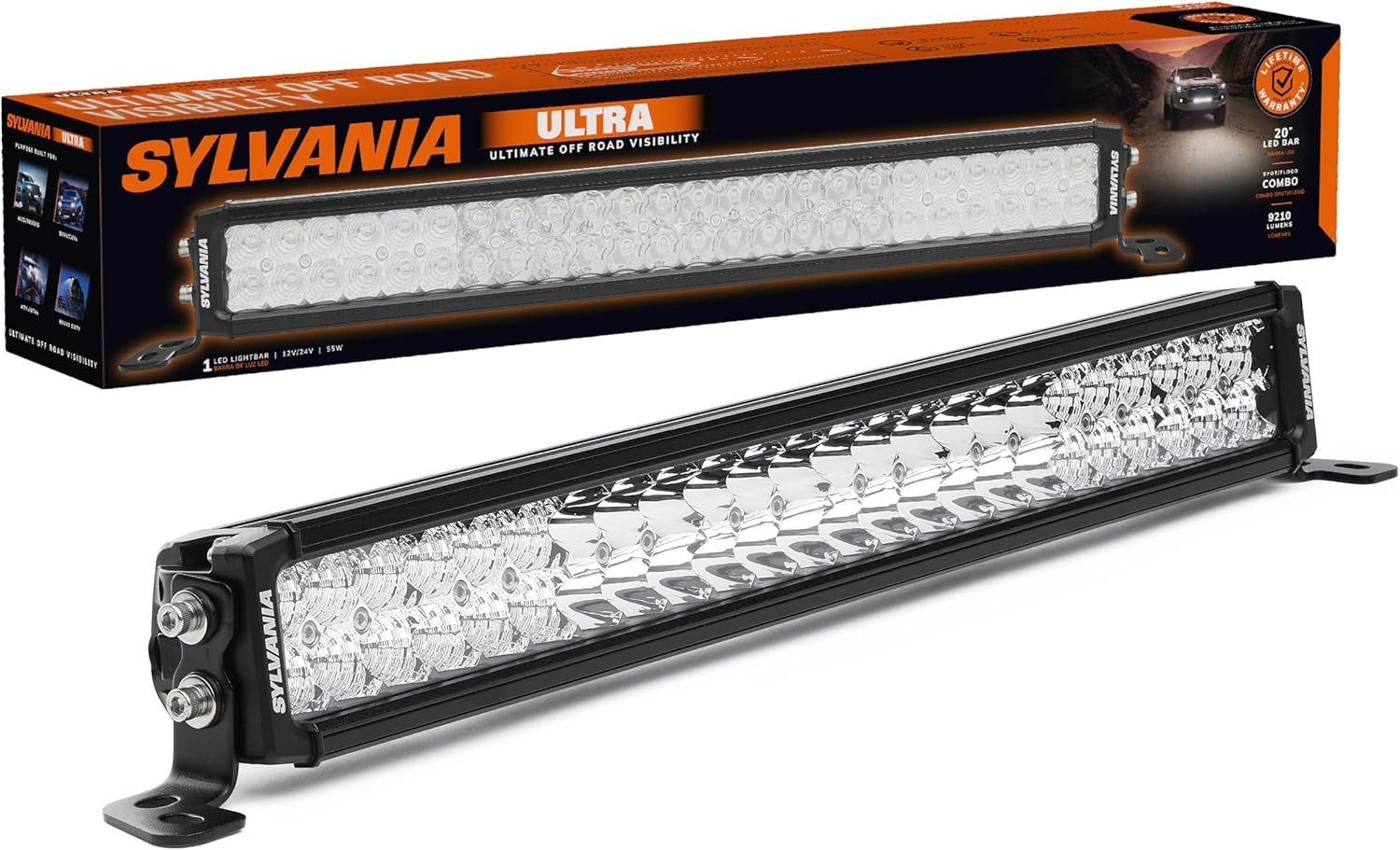 Sylvania Ultra 20 Inch LED Light Bar front view showing the rugged aluminum housing and premium Osram LEDs.