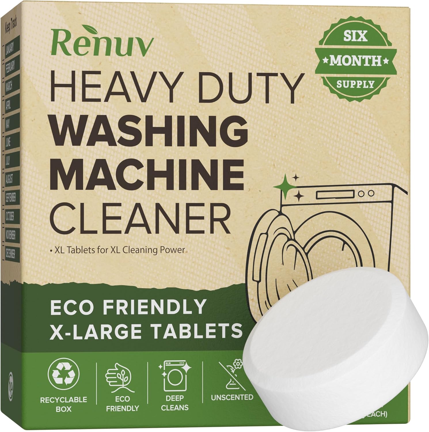 Renuv Heavy Duty Washing Machine Cleaner Descaler 6 count box front view