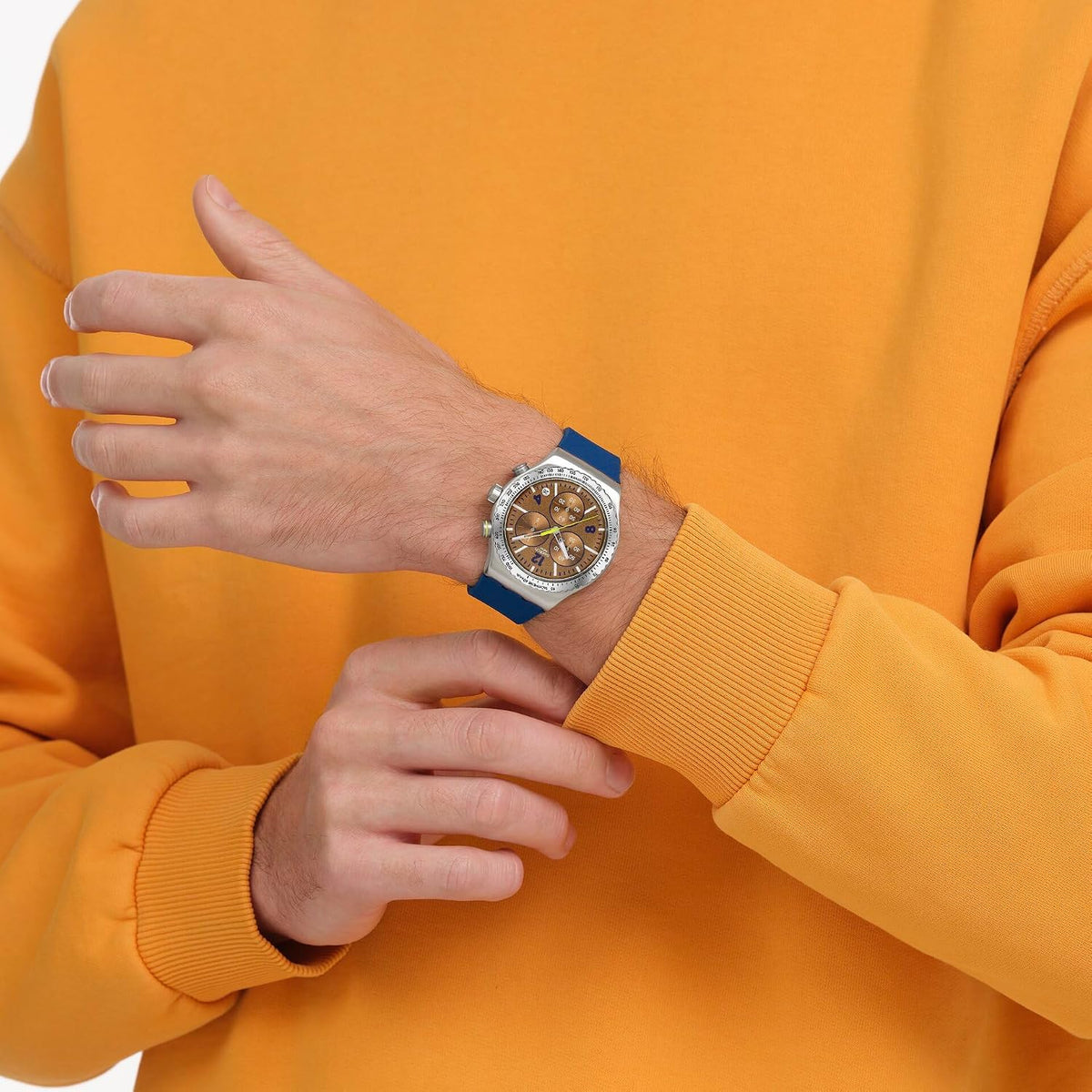 Swatch Sidereal Glow dial detail showing subdials and date window