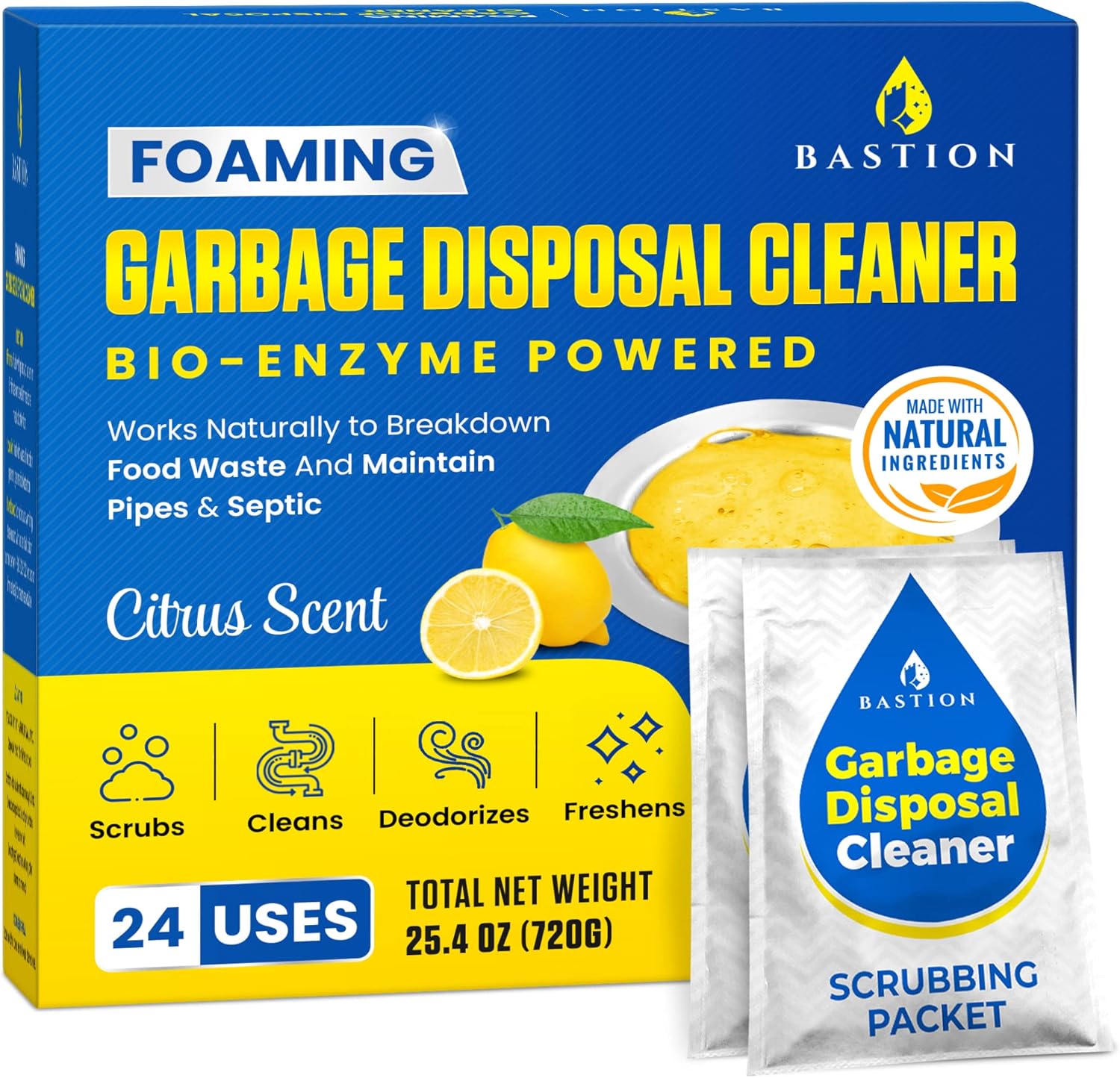 Bastion Garbage Disposal Cleaner and Deodorizer 24-Count box front view