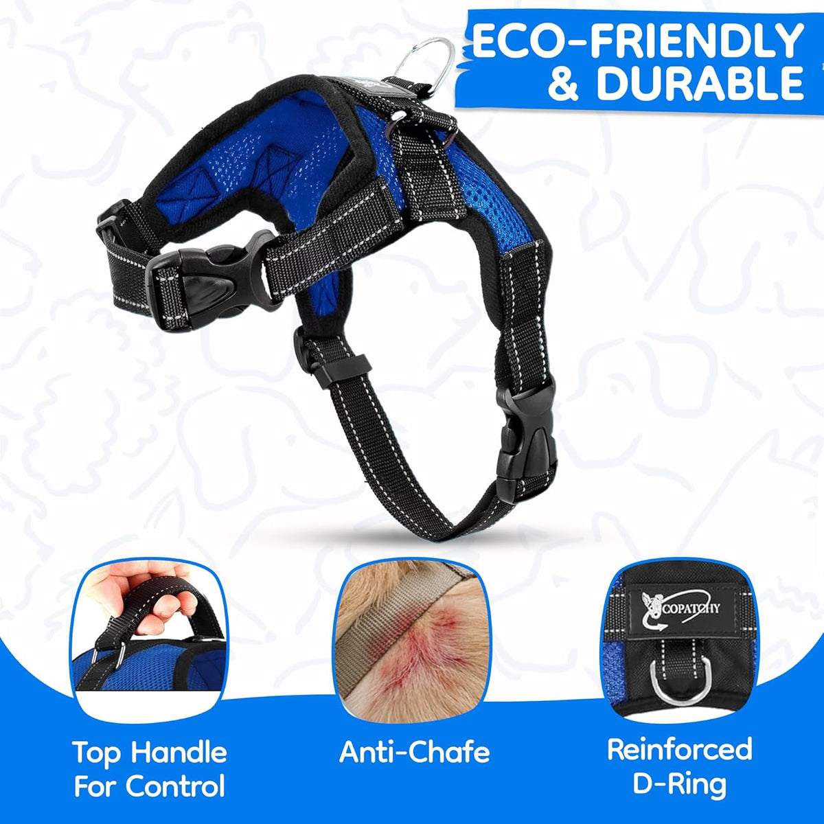 Close up of breathable mesh fabric on Copatchy dog harness