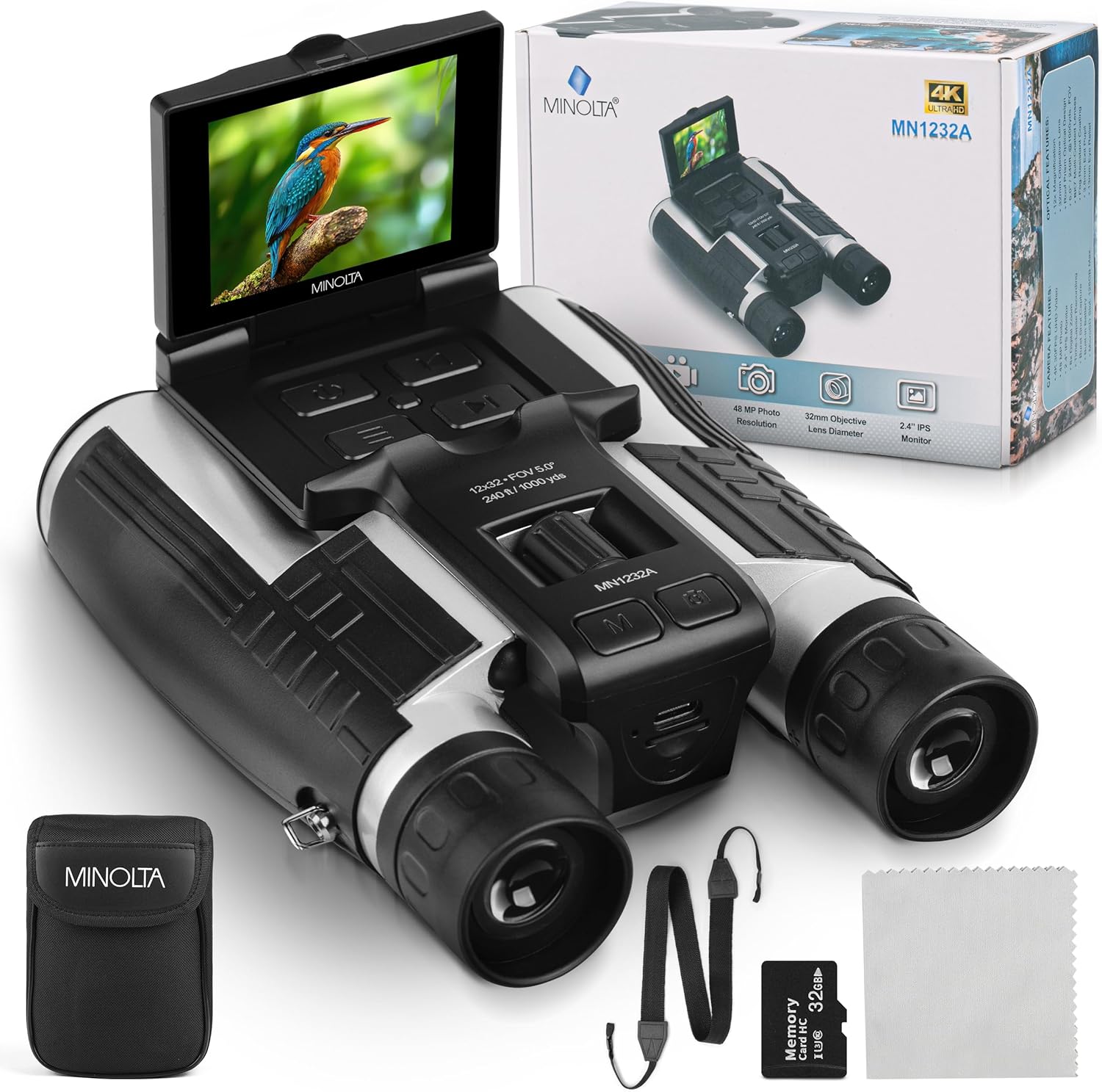 Minolta 12x32 digital binoculars front view showing camera lens and optical lenses