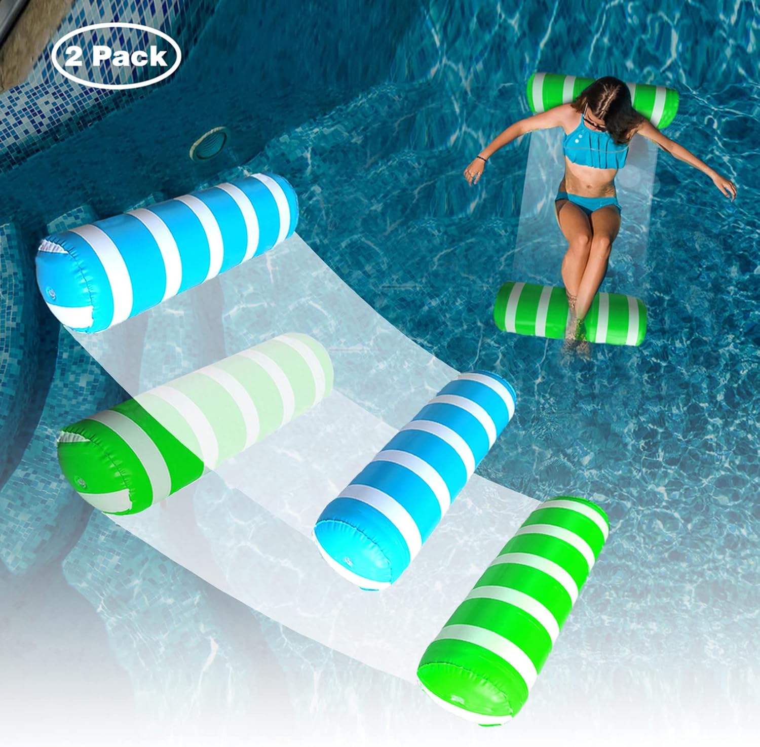 BLOFUN inflatable pool float water hammock front view showing blue and green striped designs.