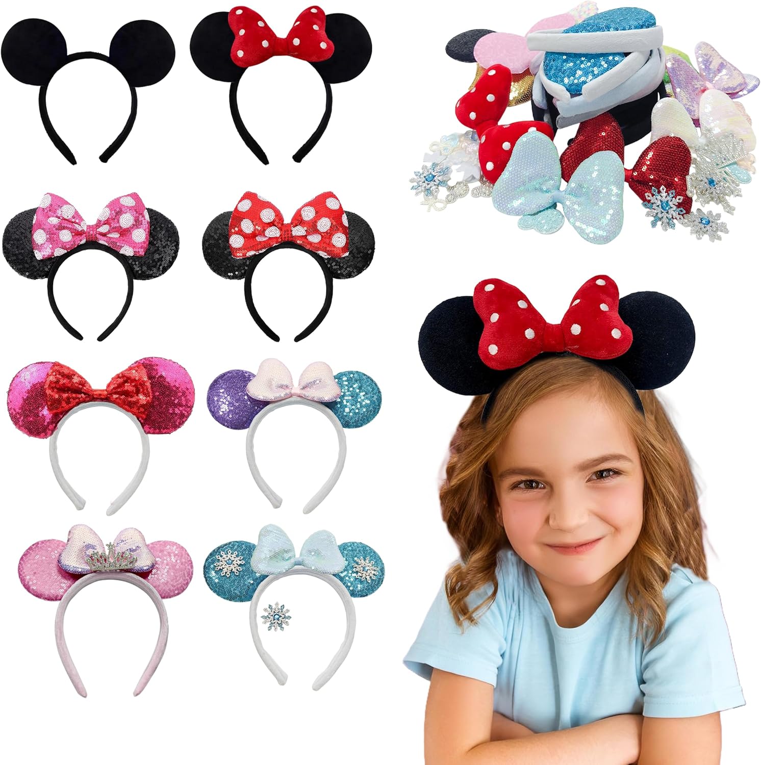 Eylola DIY Mouse Ears Headband front view showing the sparkly black sequin ears and large shiny red bow