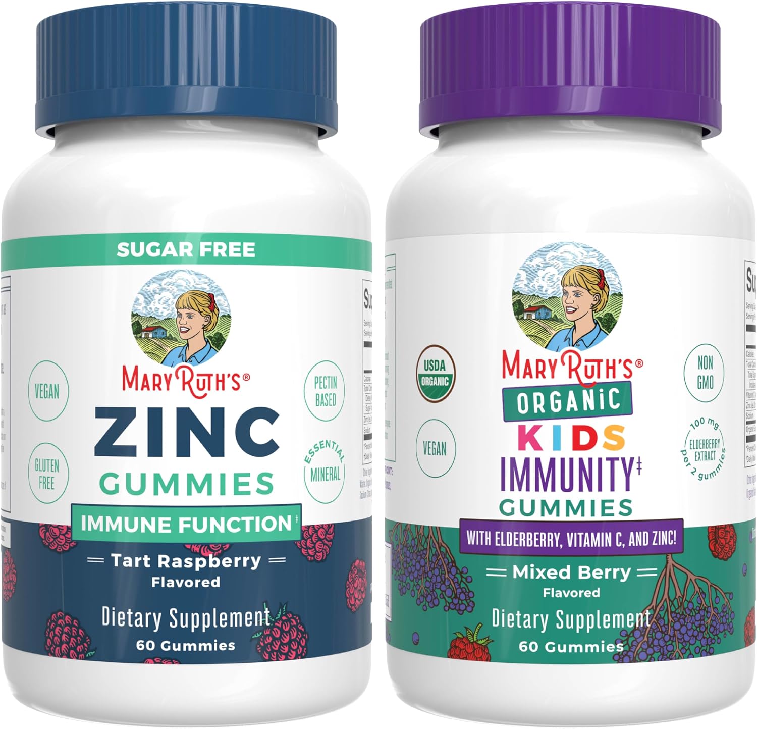 MaryRuth Organics zinc and kids immunity gummies front view bottle set