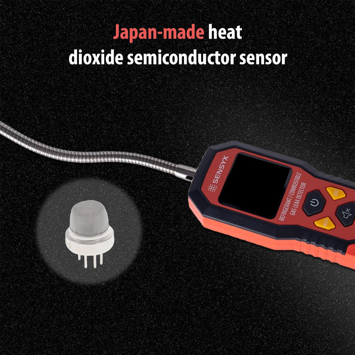 SENSYX SFD201 leak detector showing the color LCD screen and control buttons