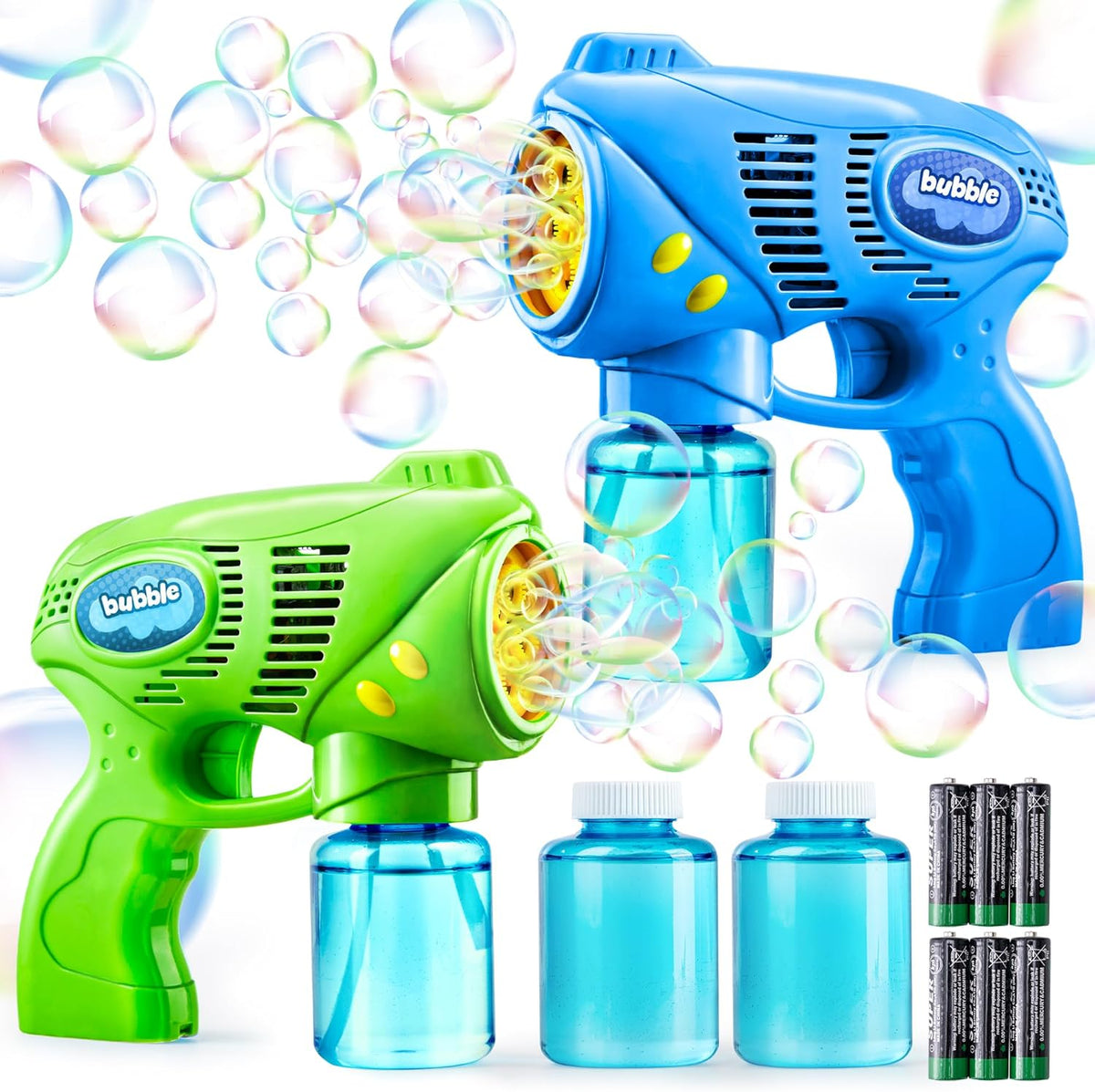 Joyin 2 kids bubble gun set front view with included solution bottles