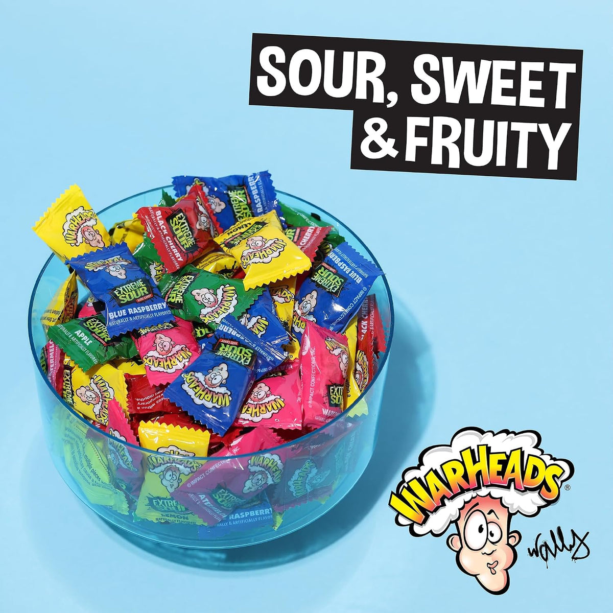 Mouth puckering Warheads hard candy pieces outside the colorful product pouch