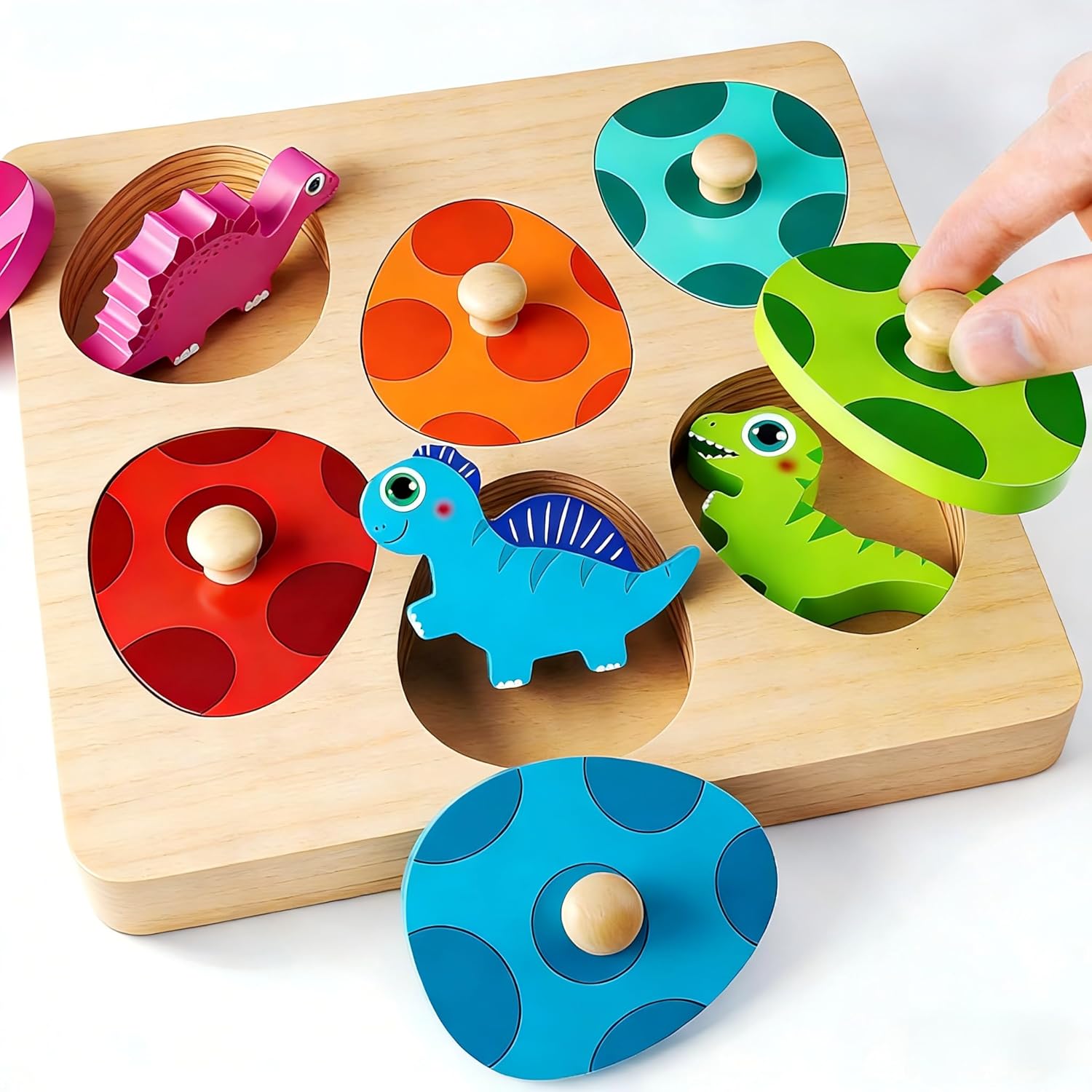 EDUJOY wooden dinosaur eggs Montessori puzzle front view showing colorful egg pieces with large wooden knobs.