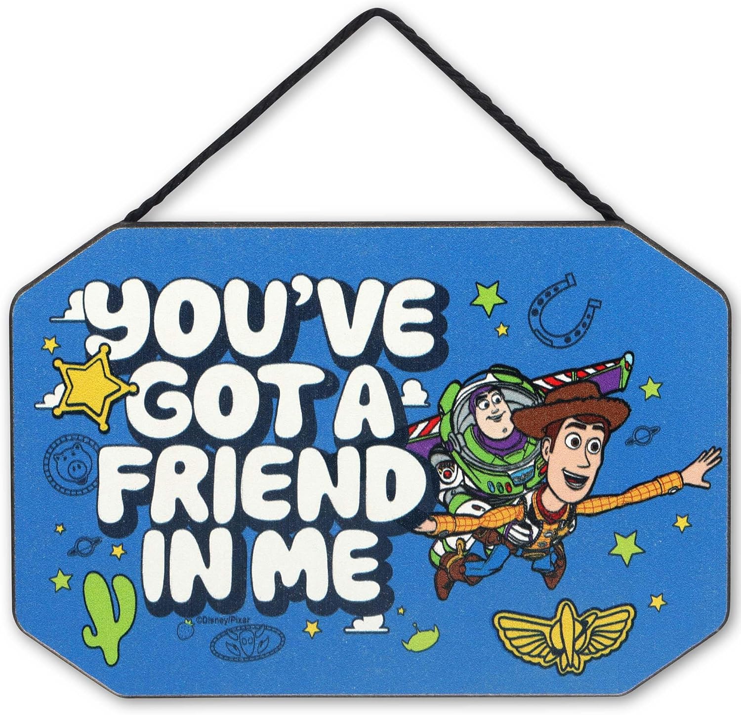 Open Road Brands Disney Pixar Toy Story wood wall decor front view featuring Woody and Buzz Lightyear for kids bedroom.